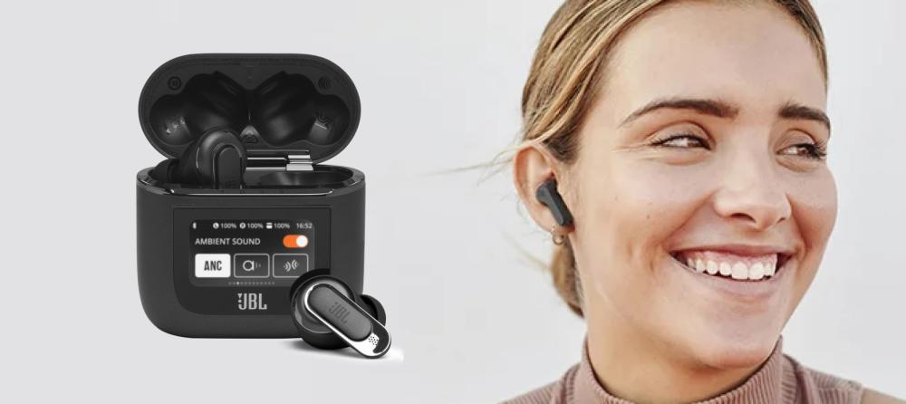 Stylish girl using JBL headphones, immersed in clear, high-quality audio.