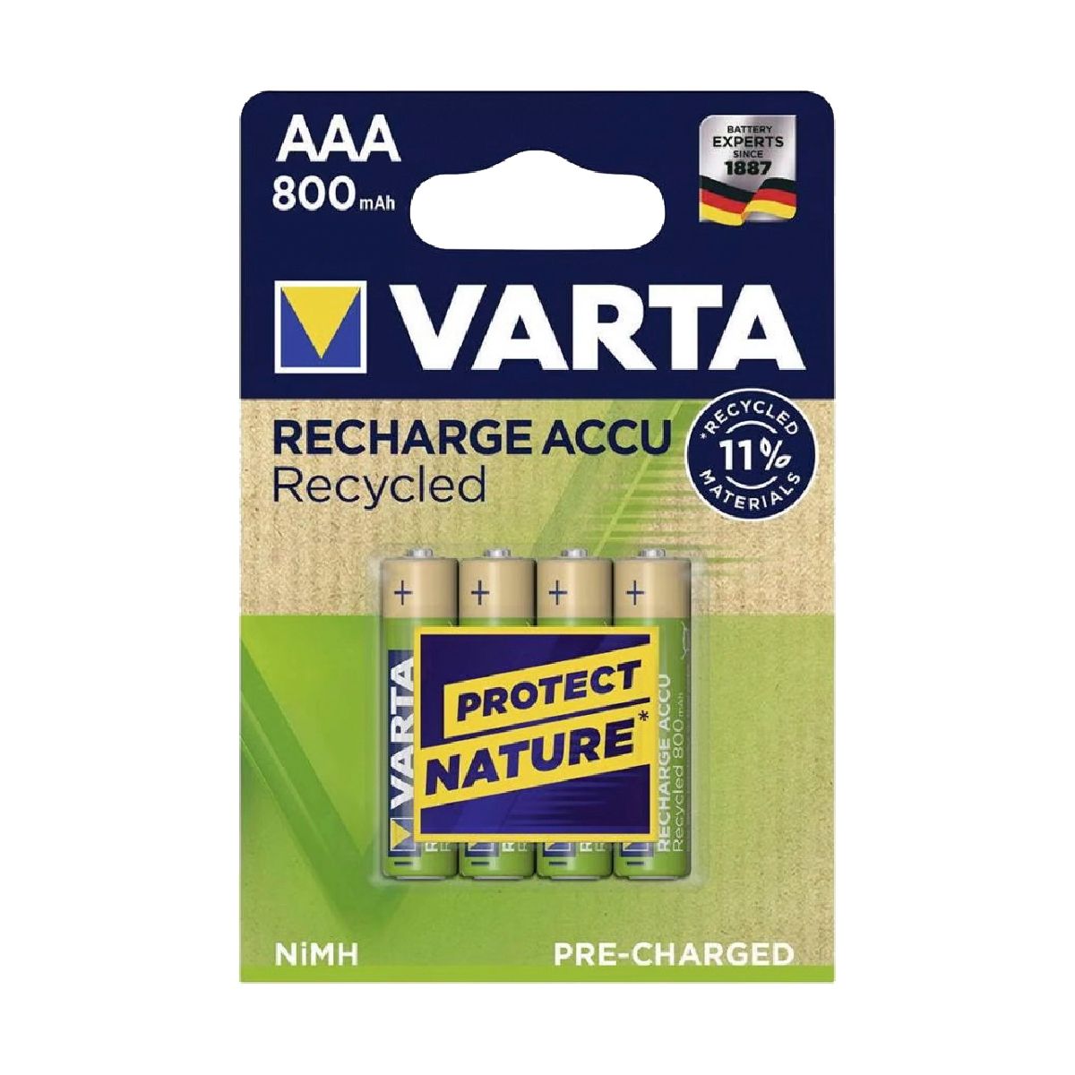 VARTA Recharge Accu Recycled, Ready-To-use pre-charged AAA Micro NiMH rechargeable battery (4-pack, 800 mAh)  56813101404