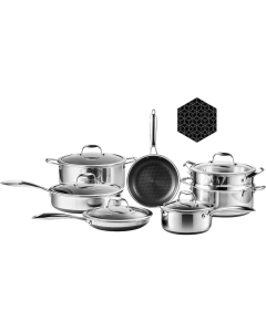 Nutricook Eterna Family Set 12pc, 20cm Frypan, 24CM Frypan with LID, 28cm Deep Pan with LID, 18cm Saucepan with LID, 24/28cm Casserole with LID, 24cm Steamer Basket - ETH600